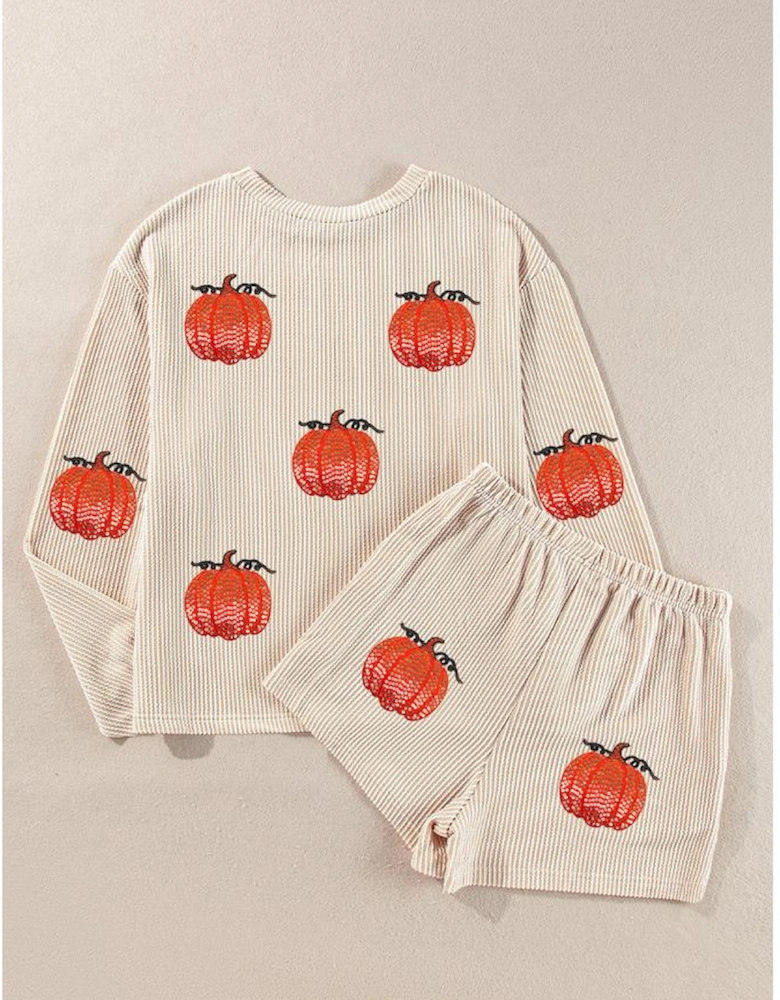 Parchment Twisted Rib Sequin Pumpkin Patched Long Sleeve Pullover and Shorts Set