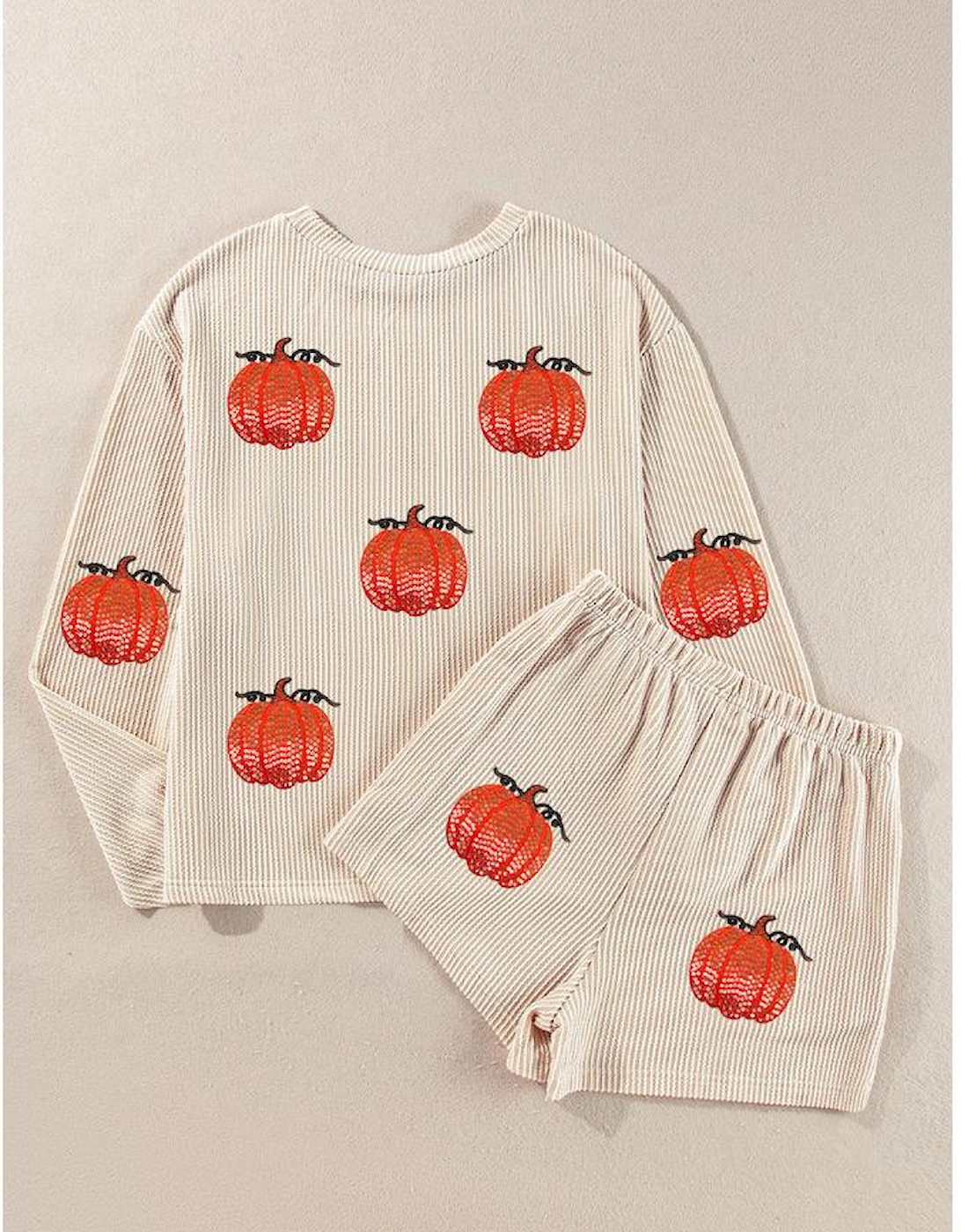 Parchment Twisted Rib Sequin Pumpkin Patched Long Sleeve Pullover and Shorts Set, 3 of 2