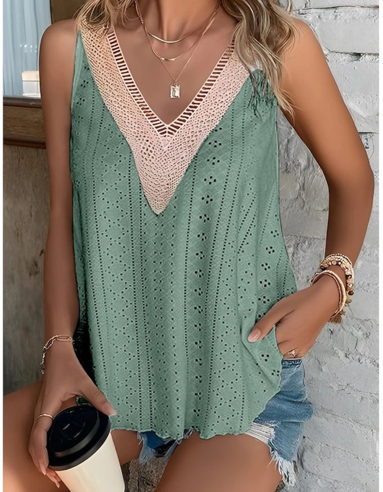 Mist Green Lace Crochet Splicing V Neck Loose Fit Tank Top