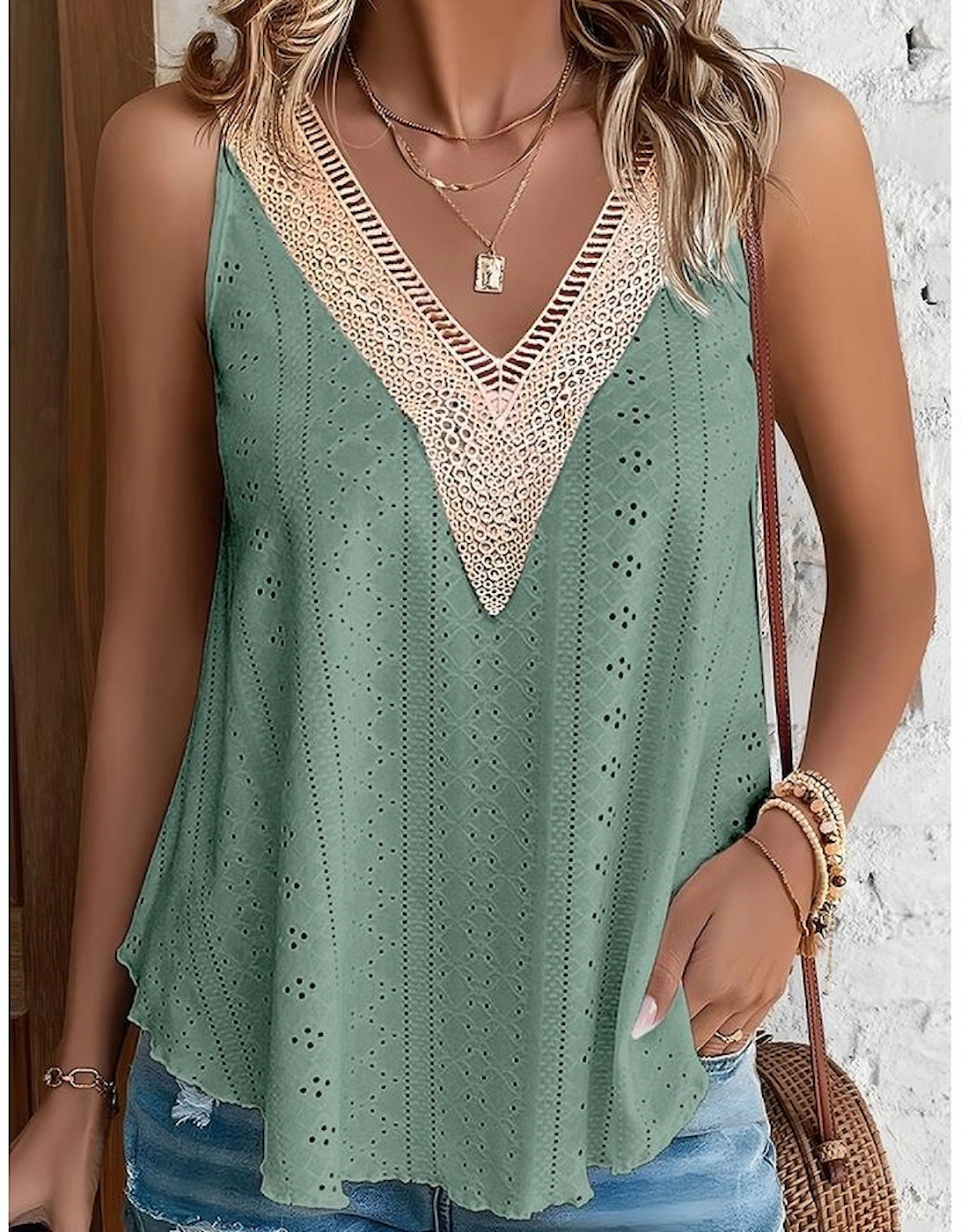 Mist Green Lace Crochet Splicing V Neck Loose Fit Tank Top