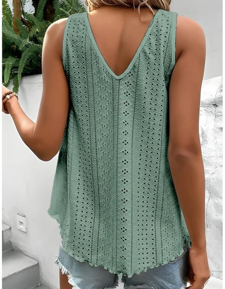 Mist Green Lace Crochet Splicing V Neck Loose Fit Tank Top