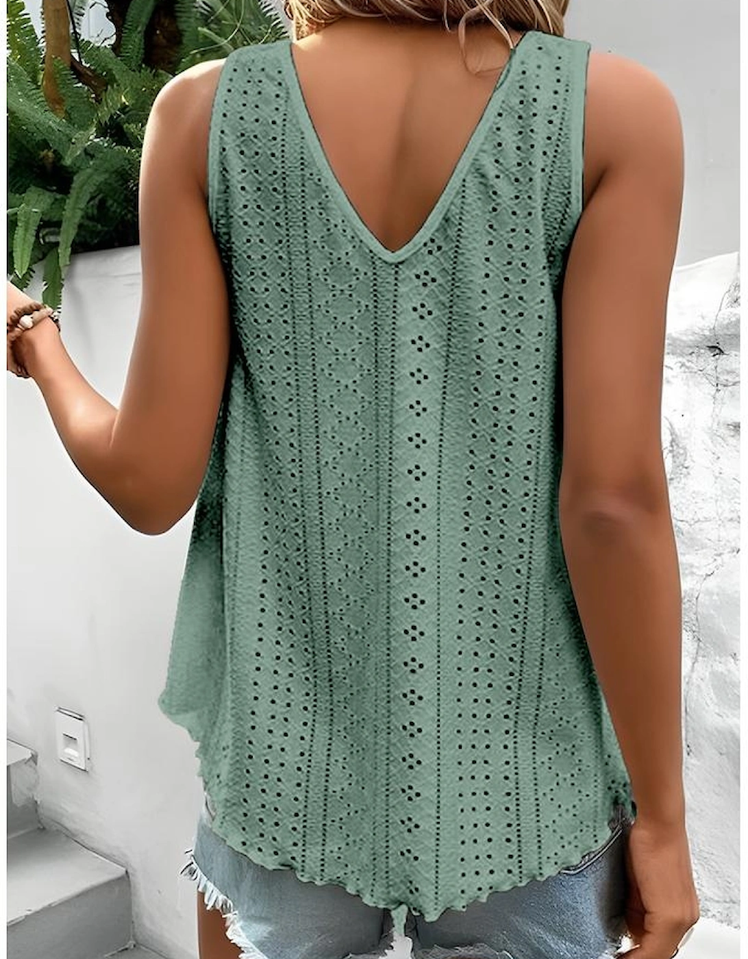 Mist Green Lace Crochet Splicing V Neck Loose Fit Tank Top