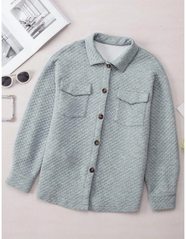 Gray Retro Quilted Flap Pocket Button Shacket