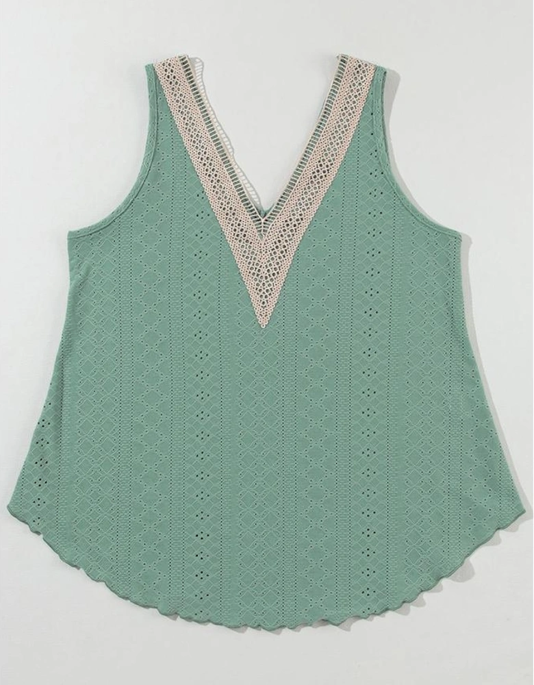 Mist Green Lace Crochet Splicing V Neck Loose Fit Tank Top