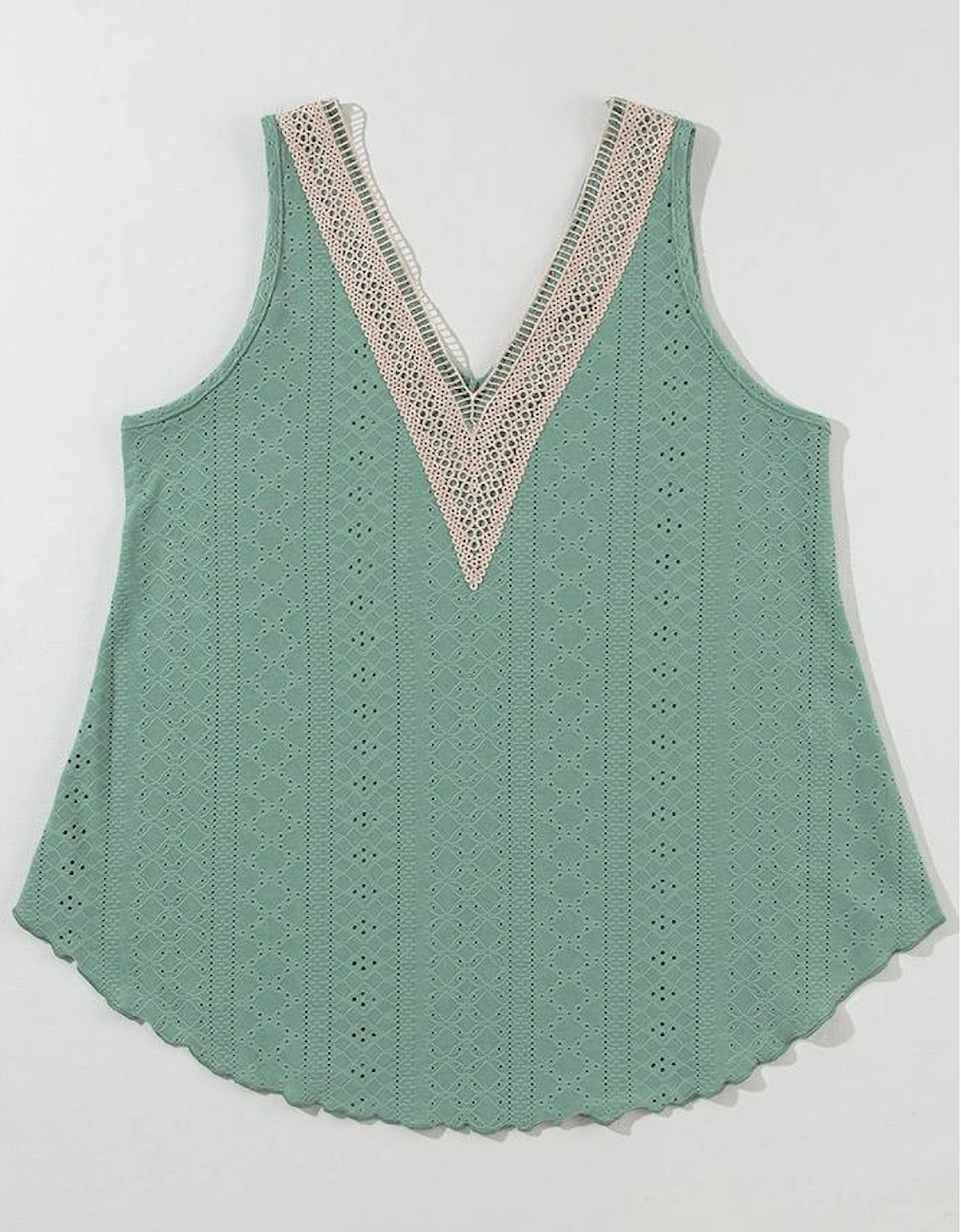 Mist Green Lace Crochet Splicing V Neck Loose Fit Tank Top