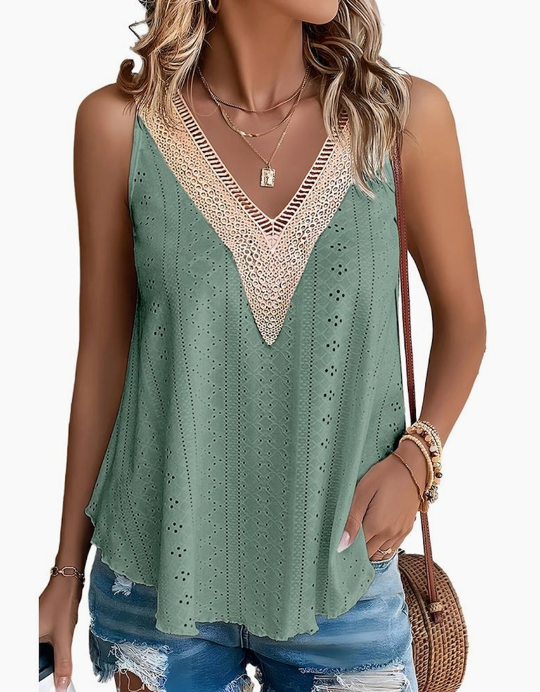 Mist Green Lace Crochet Splicing V Neck Loose Fit Tank Top