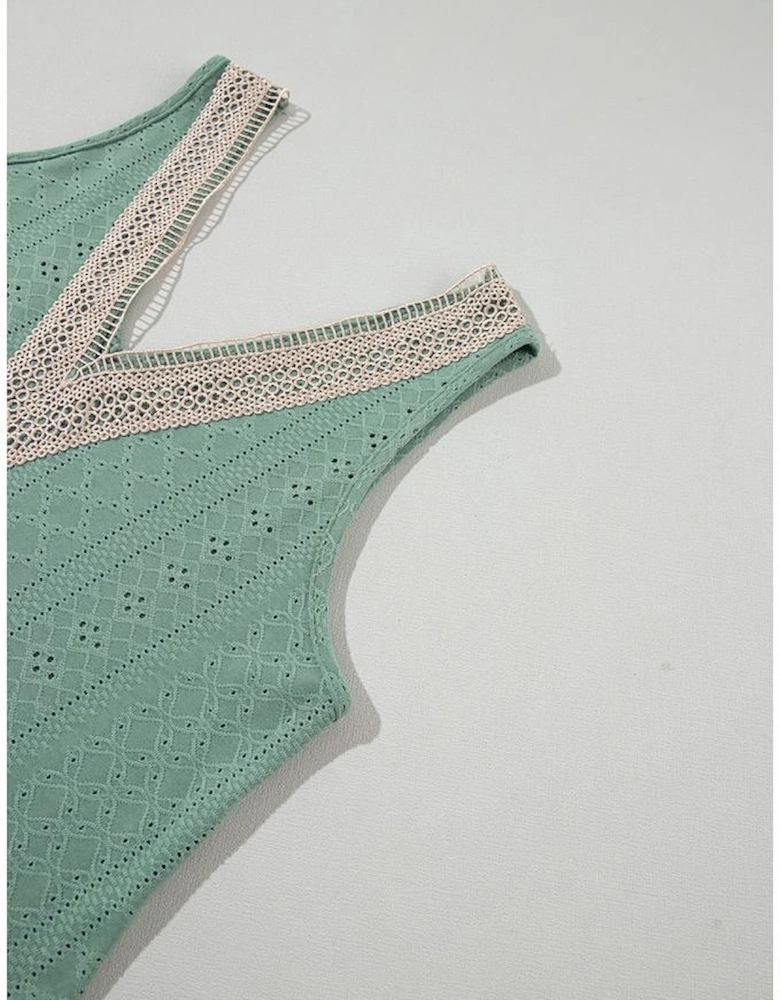 Mist Green Lace Crochet Splicing V Neck Loose Fit Tank Top