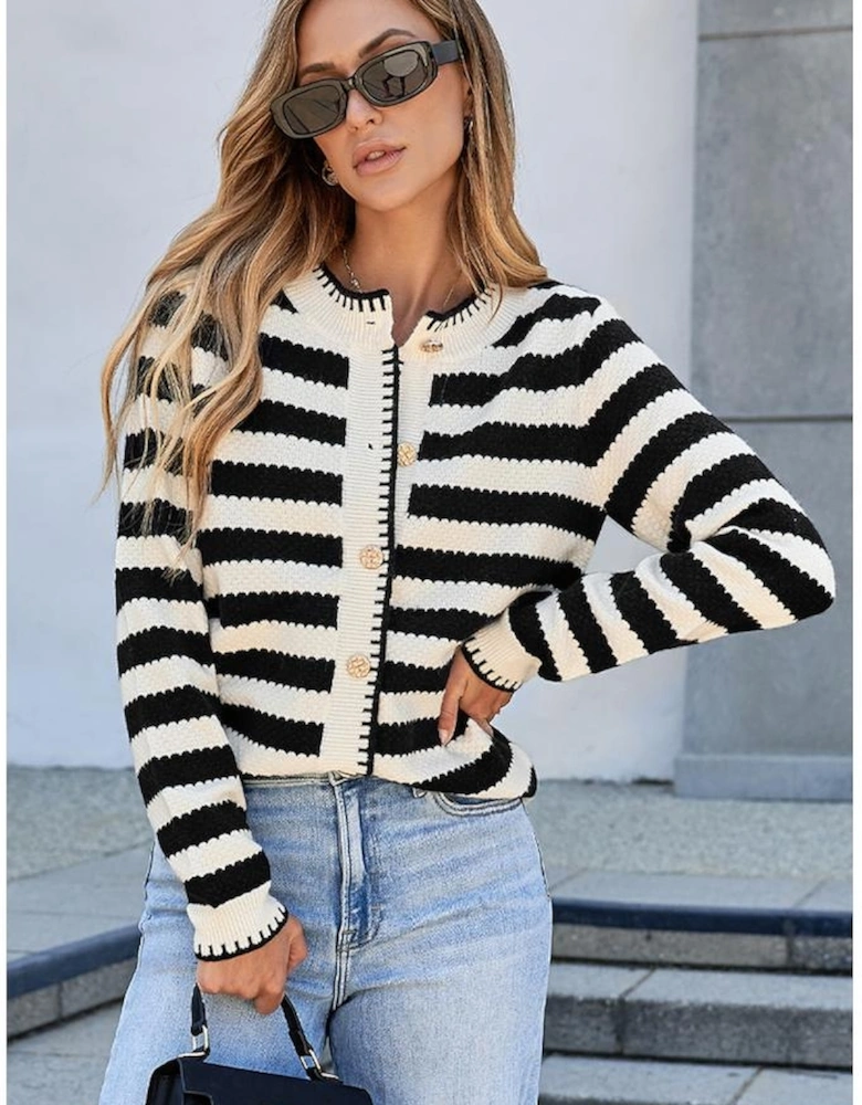 Black Stripe Chic Golden Button Cardigan Sweater