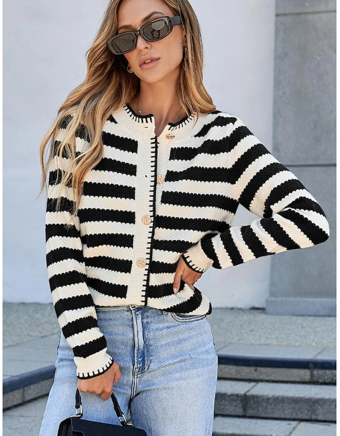 Black Stripe Chic Golden Button Cardigan Sweater