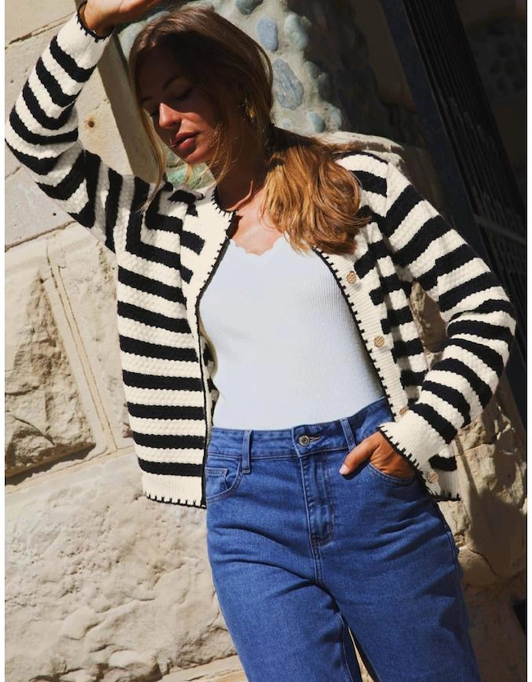 Black Stripe Chic Golden Button Cardigan Sweater