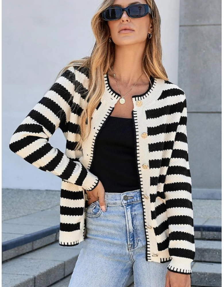 Black Stripe Chic Golden Button Cardigan Sweater
