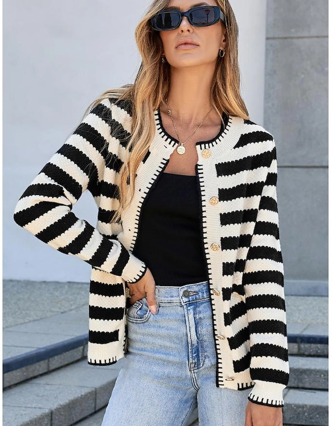 Black Stripe Chic Golden Button Cardigan Sweater