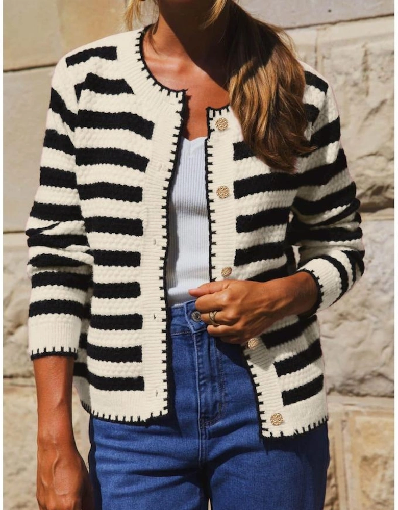 Black Stripe Chic Golden Button Cardigan Sweater