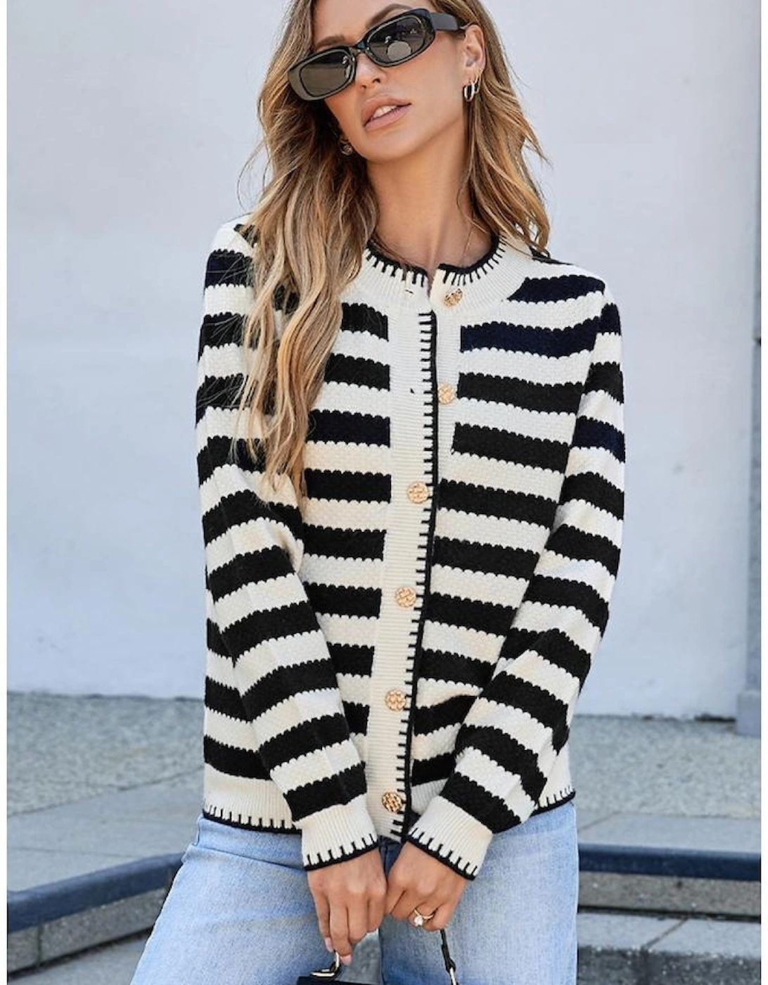 Black Stripe Chic Golden Button Cardigan Sweater