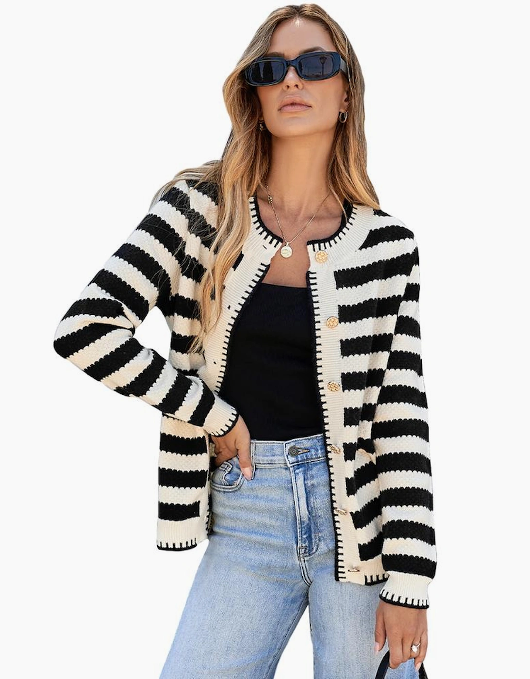 Black Stripe Chic Golden Button Cardigan Sweater