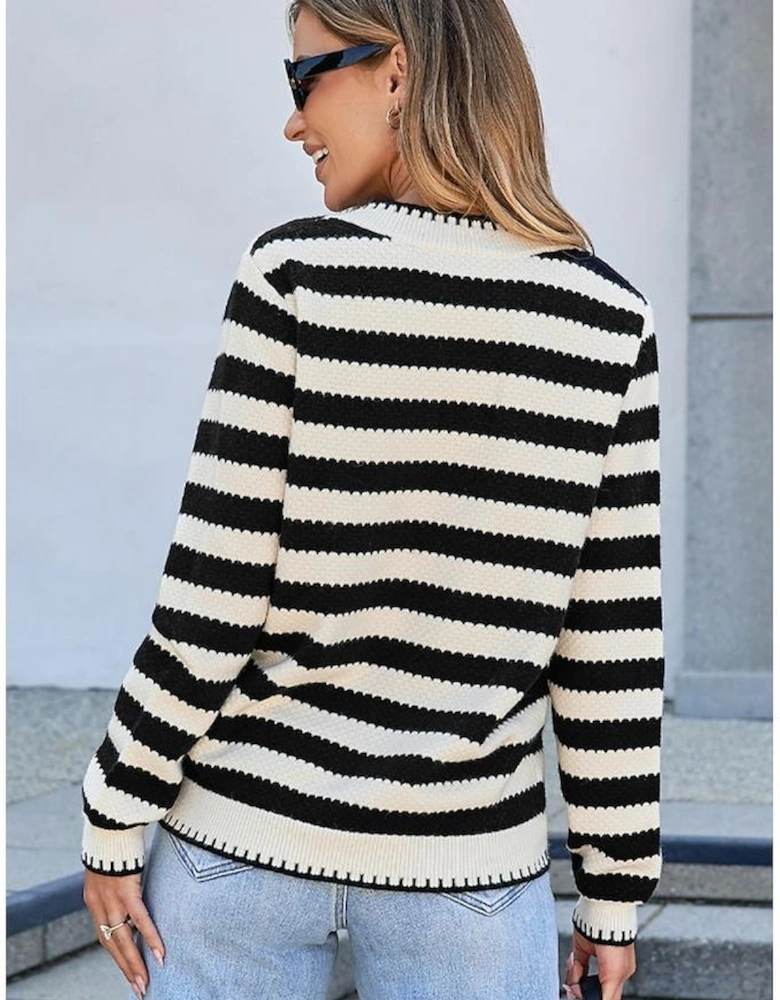 Black Stripe Chic Golden Button Cardigan Sweater