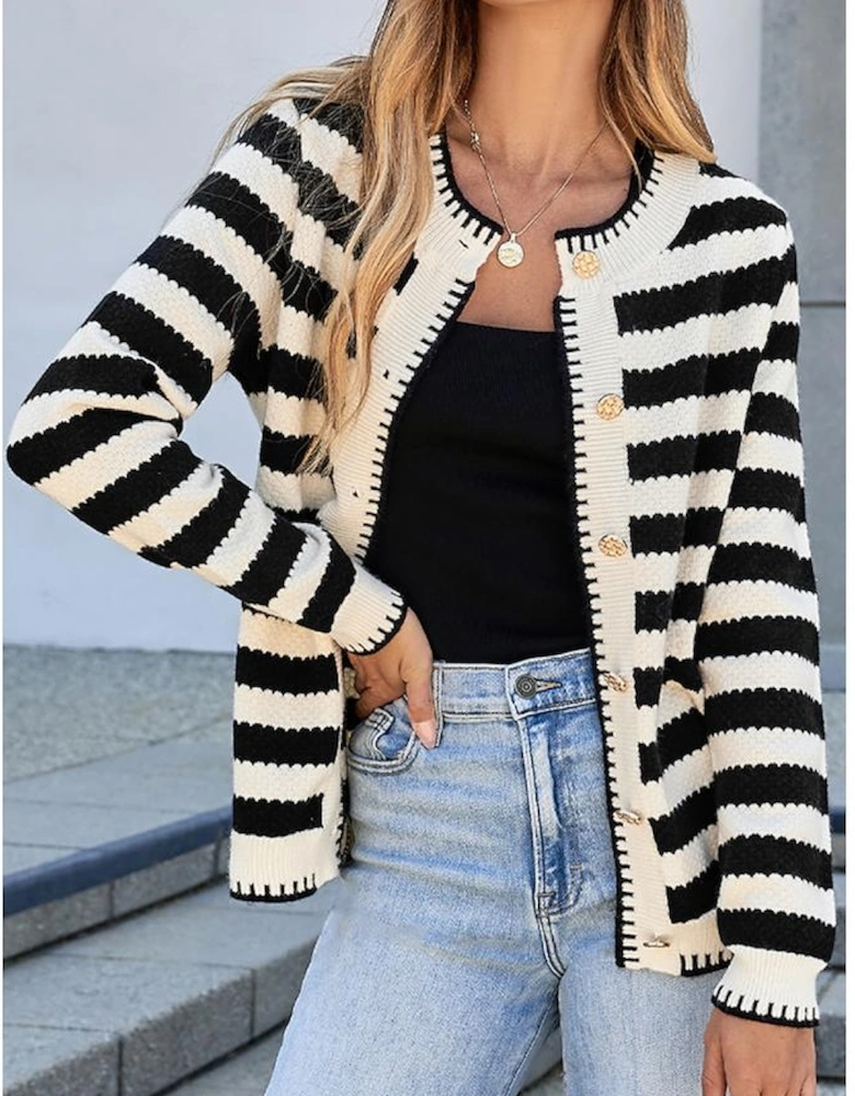 Black Stripe Chic Golden Button Cardigan Sweater