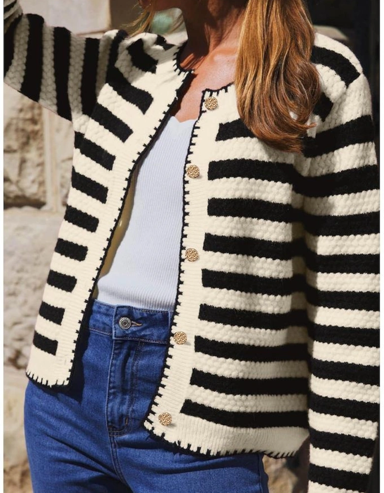 Black Stripe Chic Golden Button Cardigan Sweater