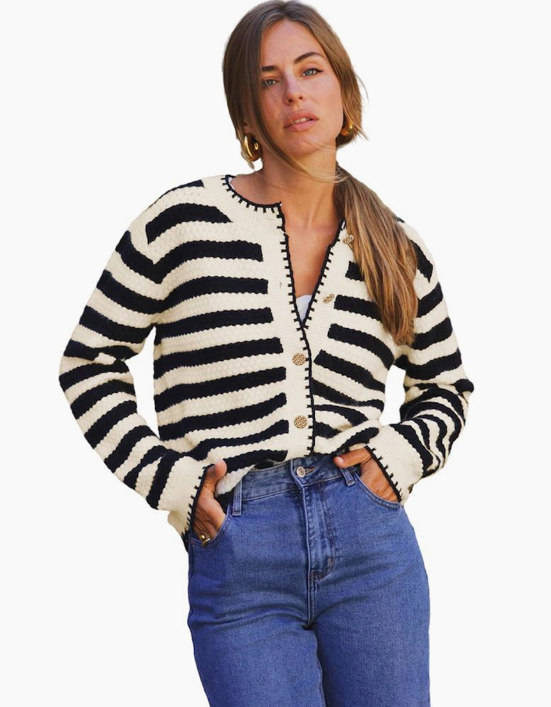 Black Stripe Chic Golden Button Cardigan Sweater
