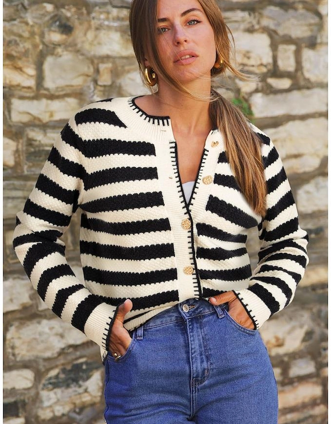 Black Stripe Chic Golden Button Cardigan Sweater