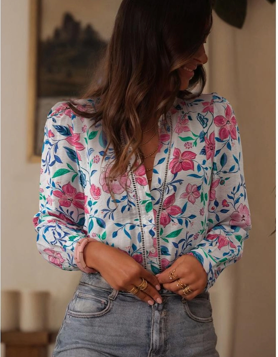 Pink Floral Print Lace Detail Button-up Long Sleeve Shirt