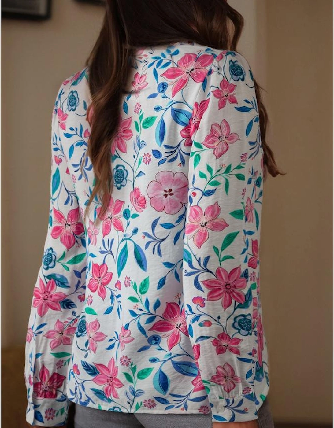 Pink Floral Print Lace Detail Button-up Long Sleeve Shirt, 4 of 3