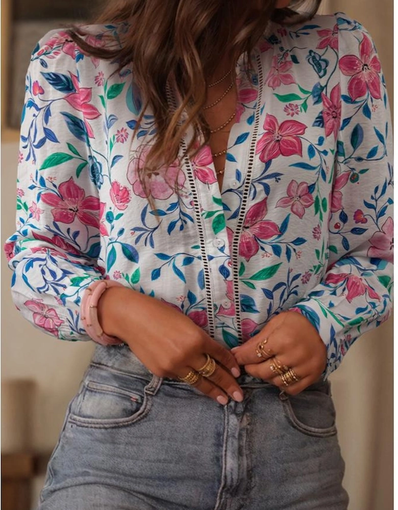 Pink Floral Print Lace Detail Button-up Long Sleeve Shirt