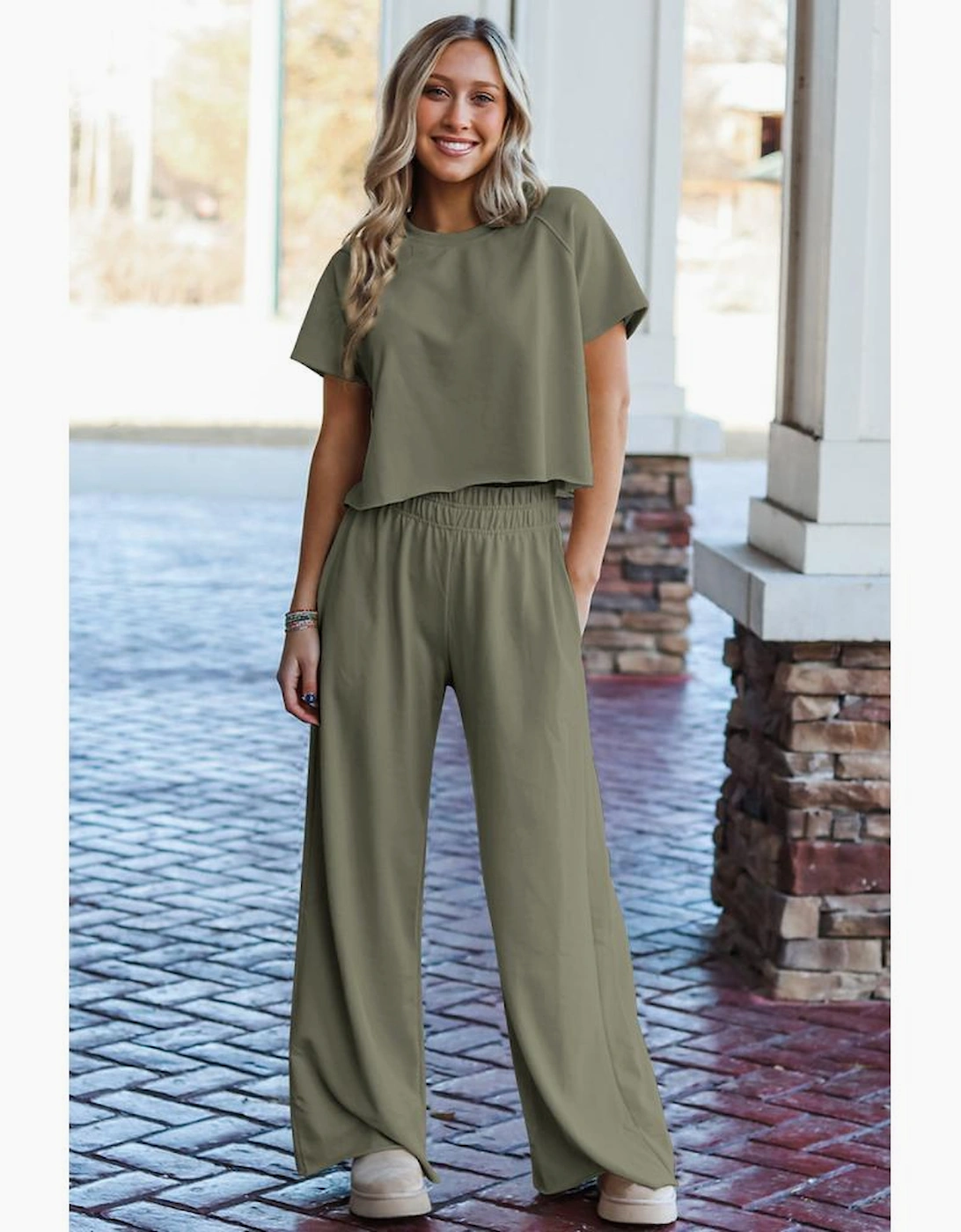 Seagrass Raw Hem Loose Tee and Wide Leg Pants Set