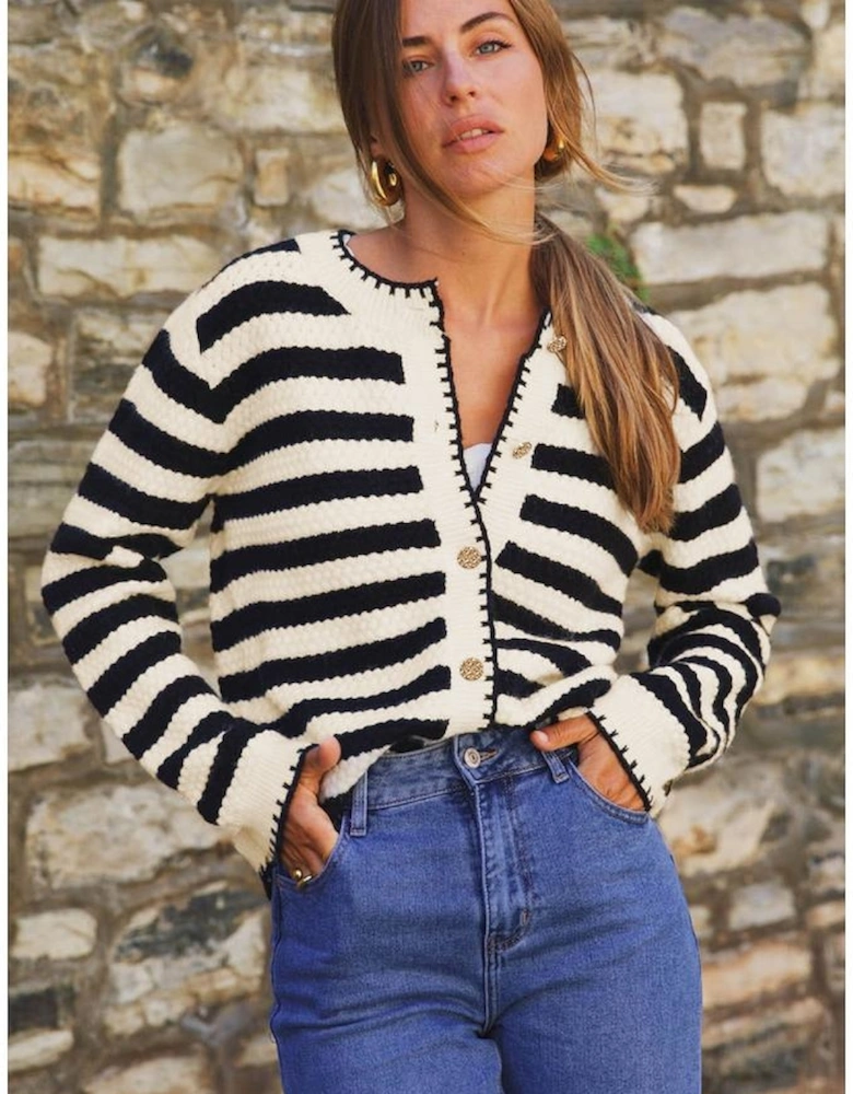 Black Stripe Chic Golden Button Cardigan Sweater