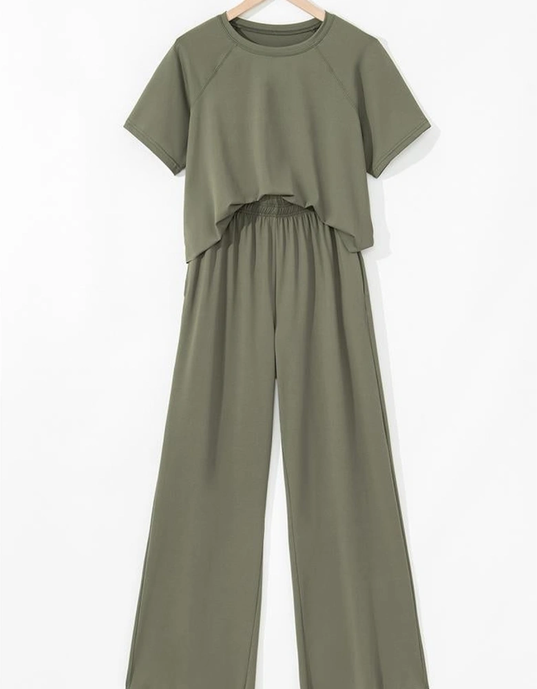 Seagrass Raw Hem Loose Tee and Wide Leg Pants Set