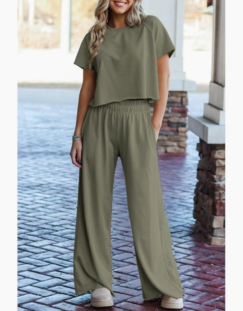 Seagrass Raw Hem Loose Tee and Wide Leg Pants Set
