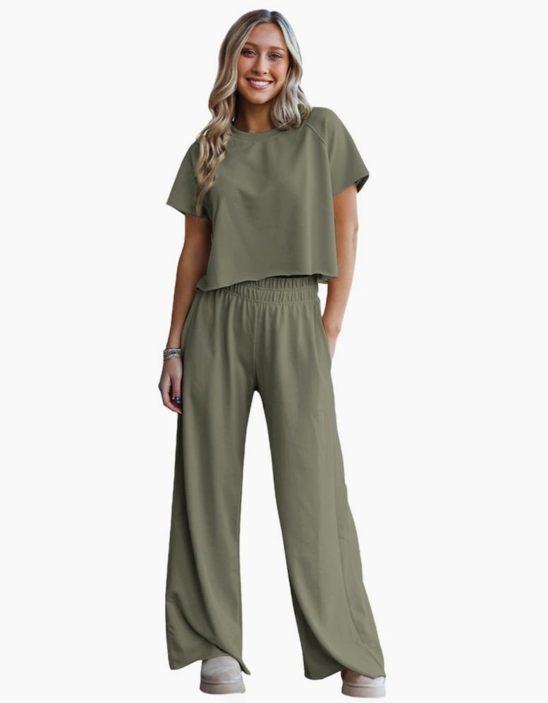 Seagrass Raw Hem Loose Tee and Wide Leg Pants Set