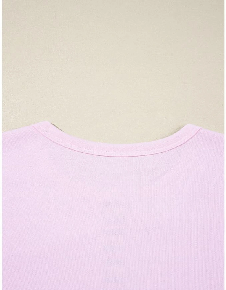 Pink Exposed Seam Color Block Striped Patchwork Loose Henley Sweatshirt