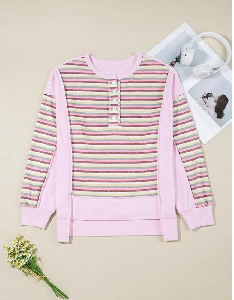 Pink Exposed Seam Color Block Striped Patchwork Loose Henley Sweatshirt