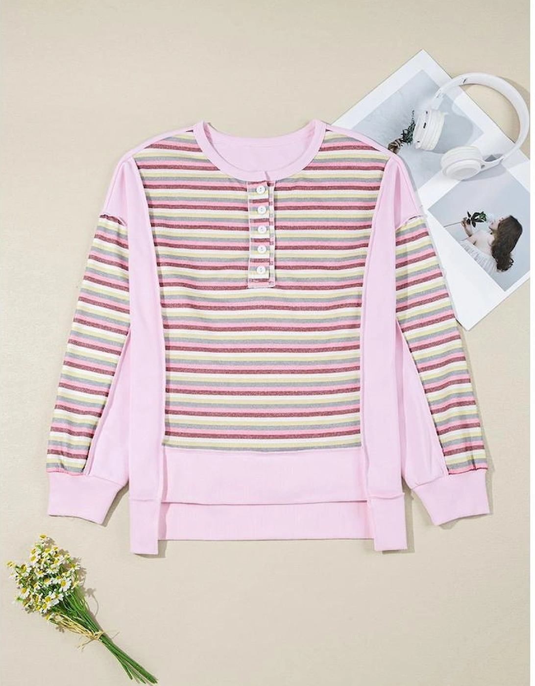 Pink Exposed Seam Color Block Striped Patchwork Loose Henley Sweatshirt