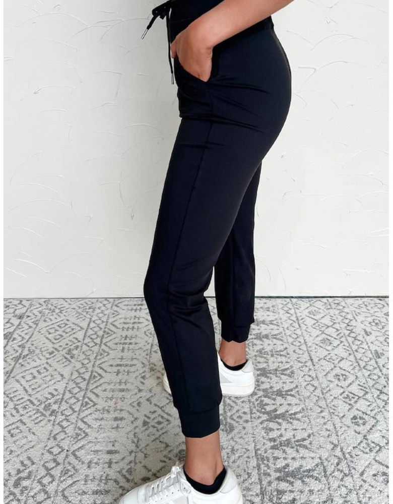 Black Exposed Seam Detail Skinny Drawstring Jogger Pants
