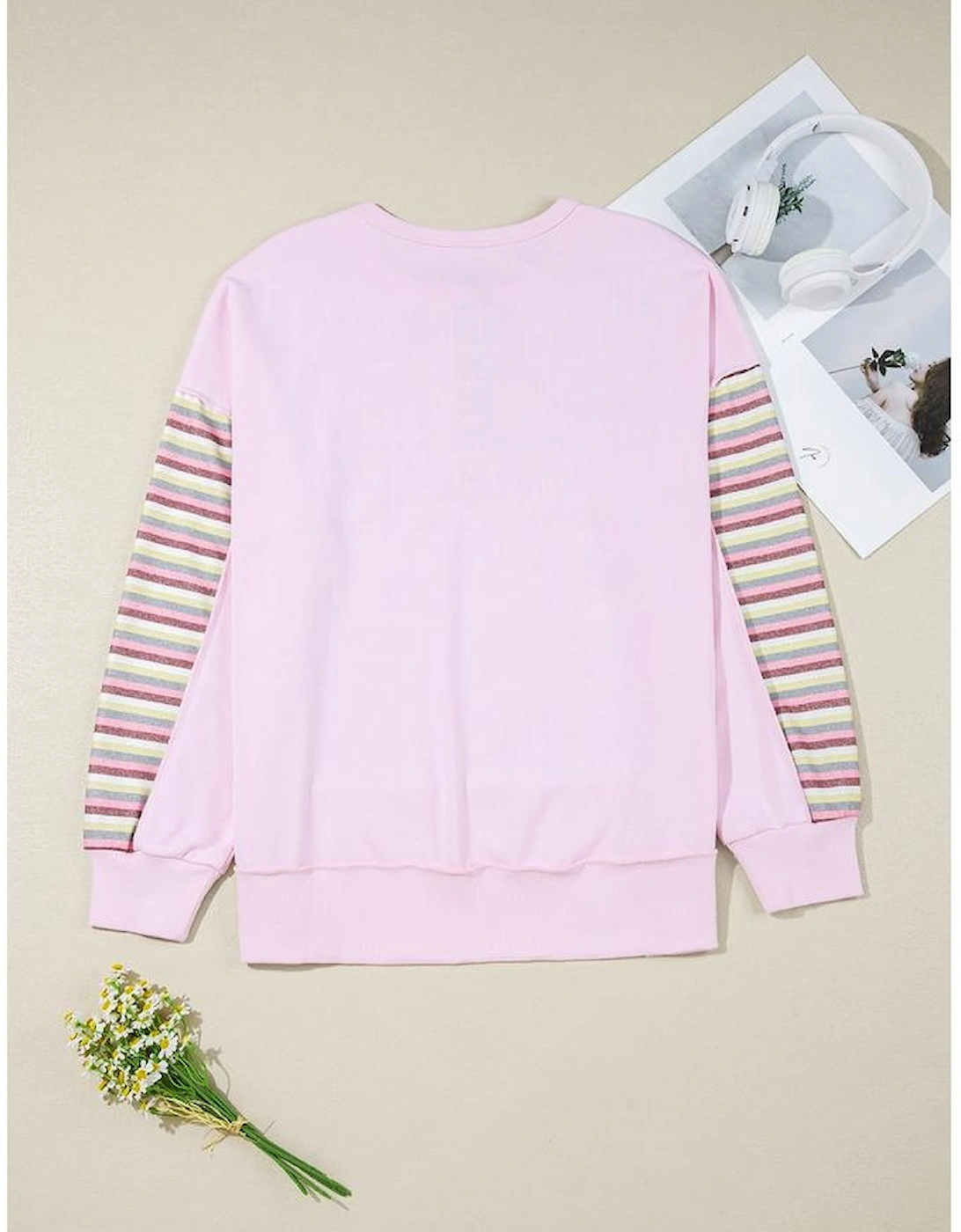 Pink Exposed Seam Color Block Striped Patchwork Loose Henley Sweatshirt