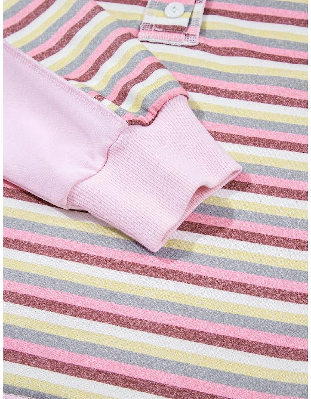 Pink Exposed Seam Color Block Striped Patchwork Loose Henley Sweatshirt