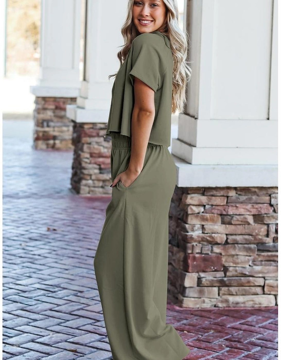 Seagrass Raw Hem Loose Tee and Wide Leg Pants Set