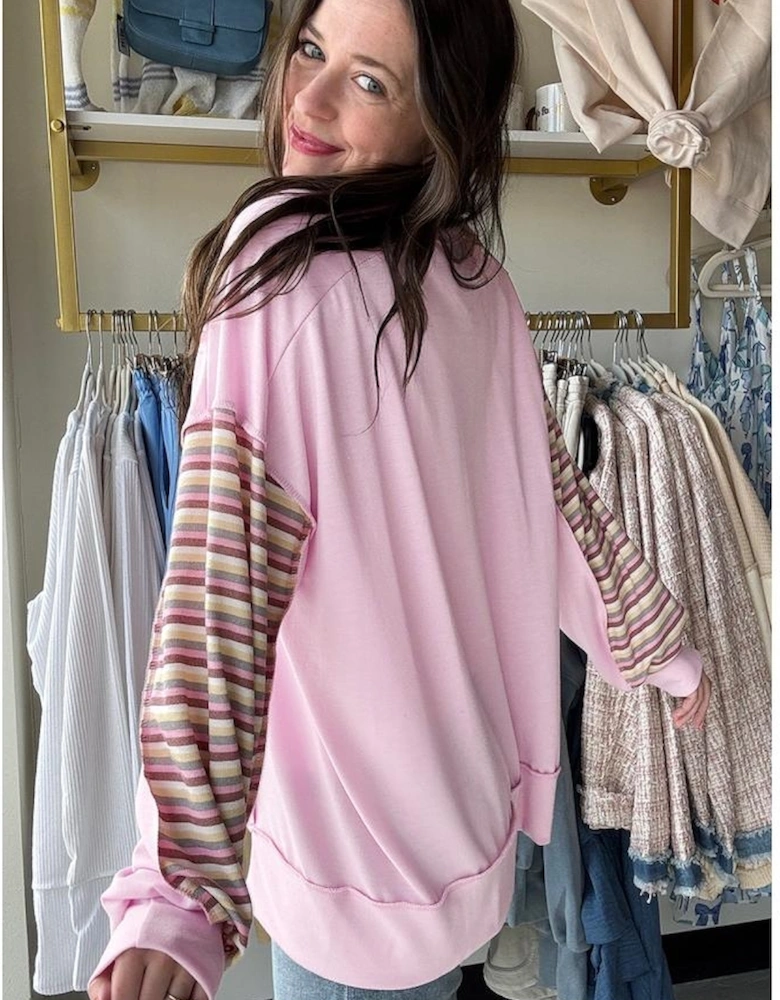 Pink Exposed Seam Color Block Striped Patchwork Loose Henley Sweatshirt