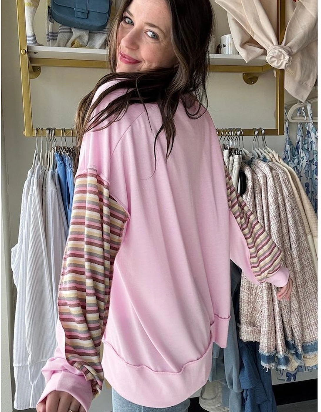Pink Exposed Seam Color Block Striped Patchwork Loose Henley Sweatshirt, 14 of 13