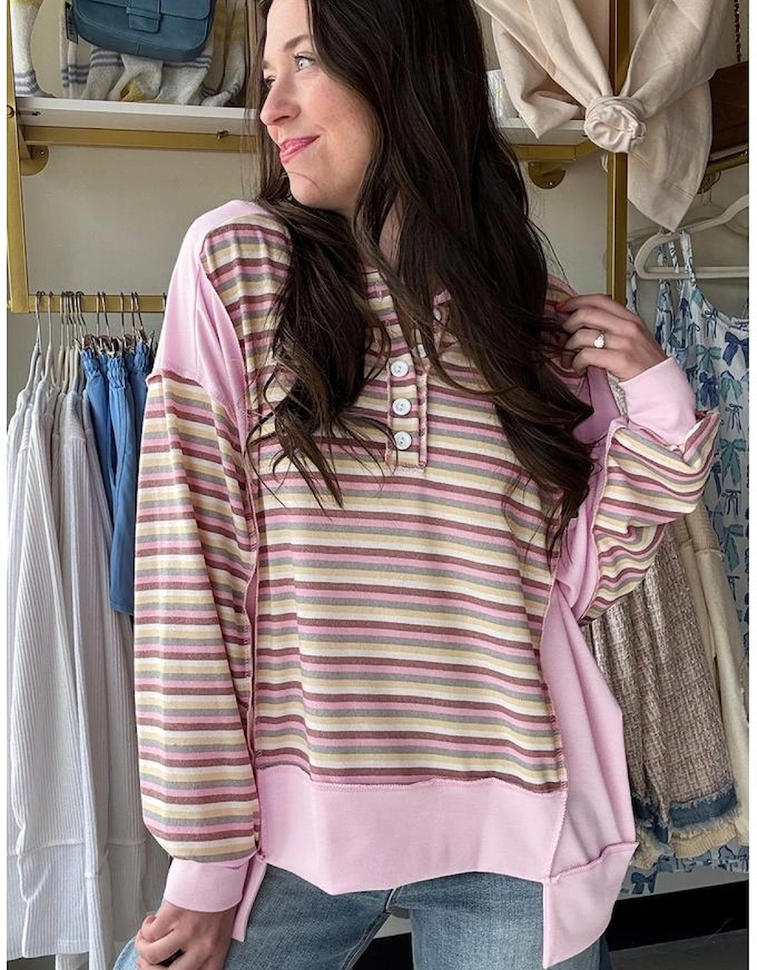Pink Exposed Seam Color Block Striped Patchwork Loose Henley Sweatshirt