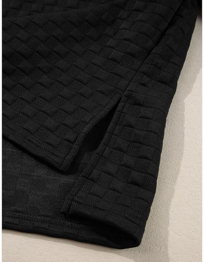 Color black Checkered Textured Split Pullover Top and Pants Set