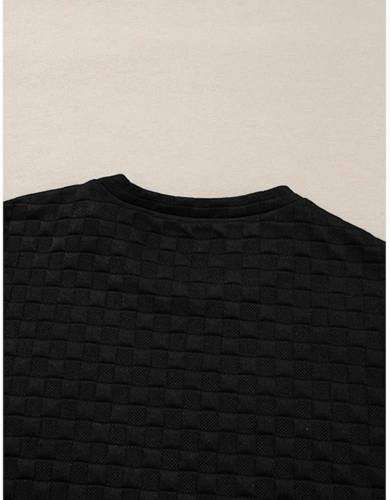 Color black Checkered Textured Split Pullover Top and Pants Set