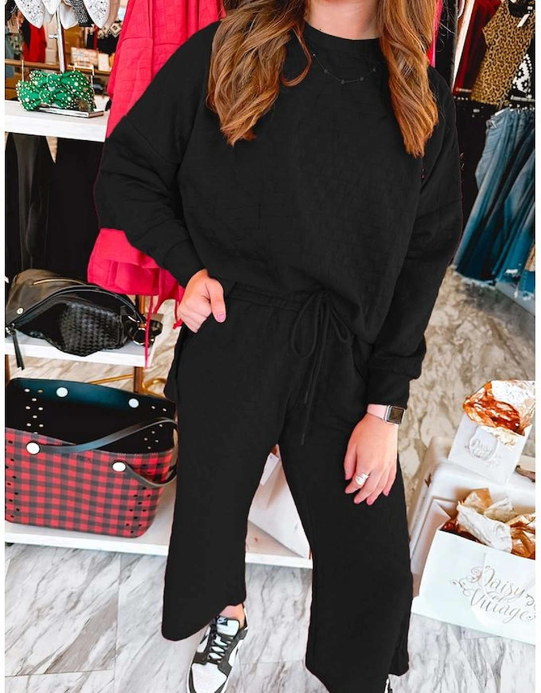 Color black Checkered Textured Split Pullover Top and Pants Set