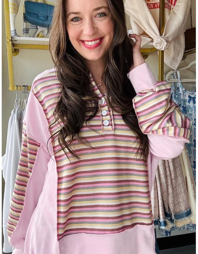 Pink Exposed Seam Color Block Striped Patchwork Loose Henley Sweatshirt
