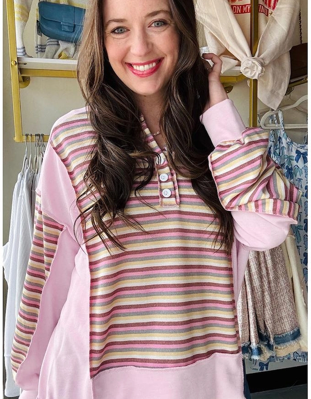 Pink Exposed Seam Color Block Striped Patchwork Loose Henley Sweatshirt