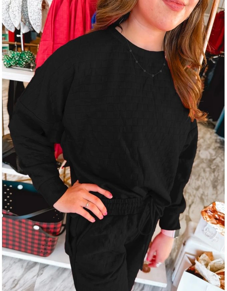 Color black Checkered Textured Split Pullover Top and Pants Set