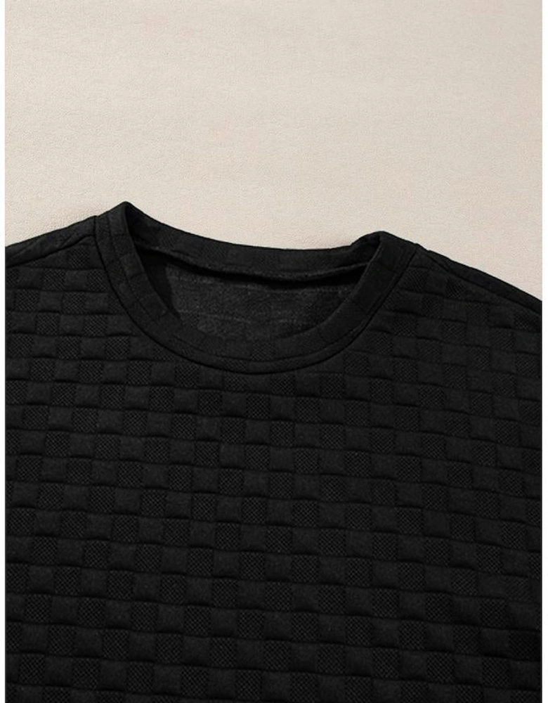 Color black Checkered Textured Split Pullover Top and Pants Set