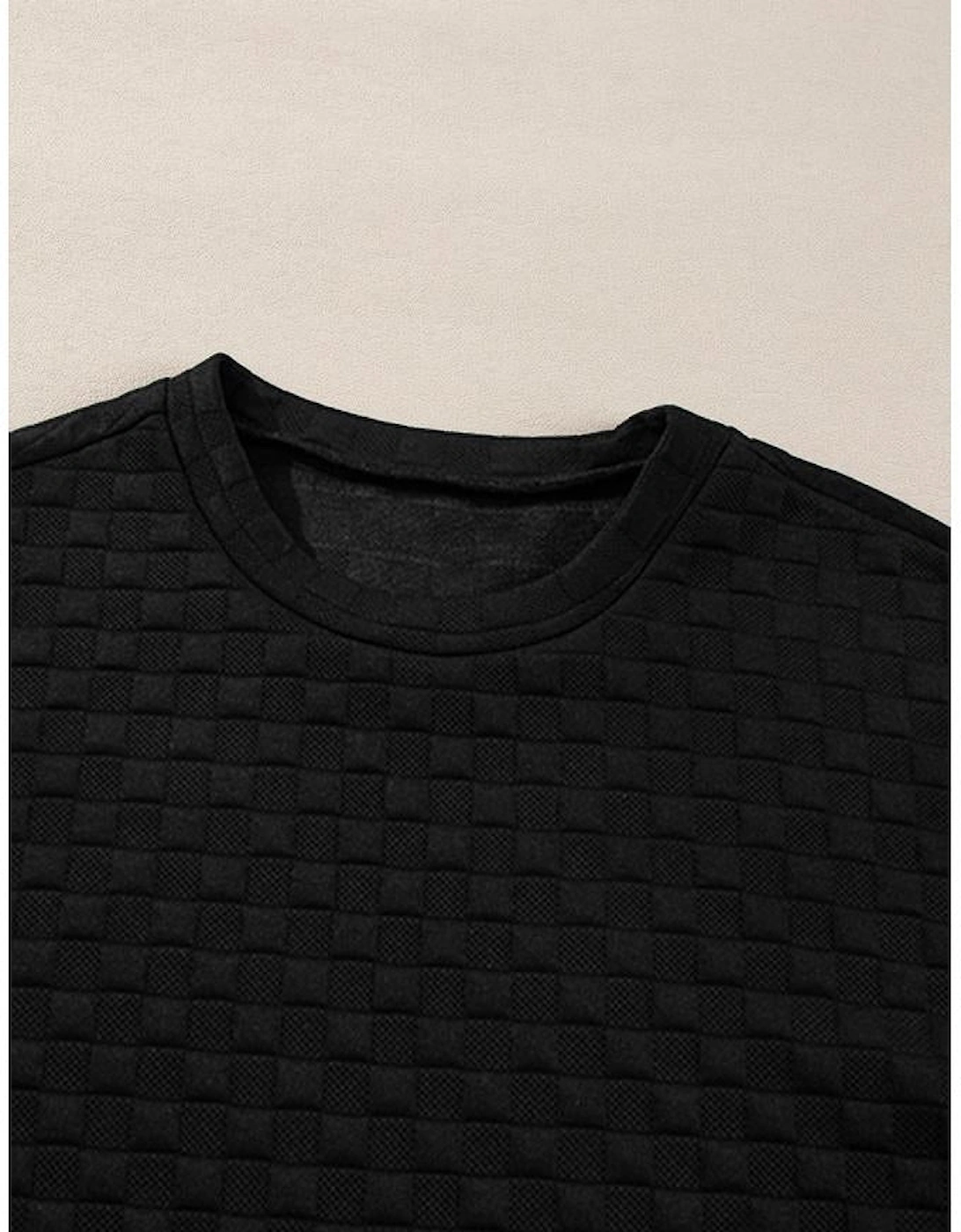 Color black Checkered Textured Split Pullover Top and Pants Set